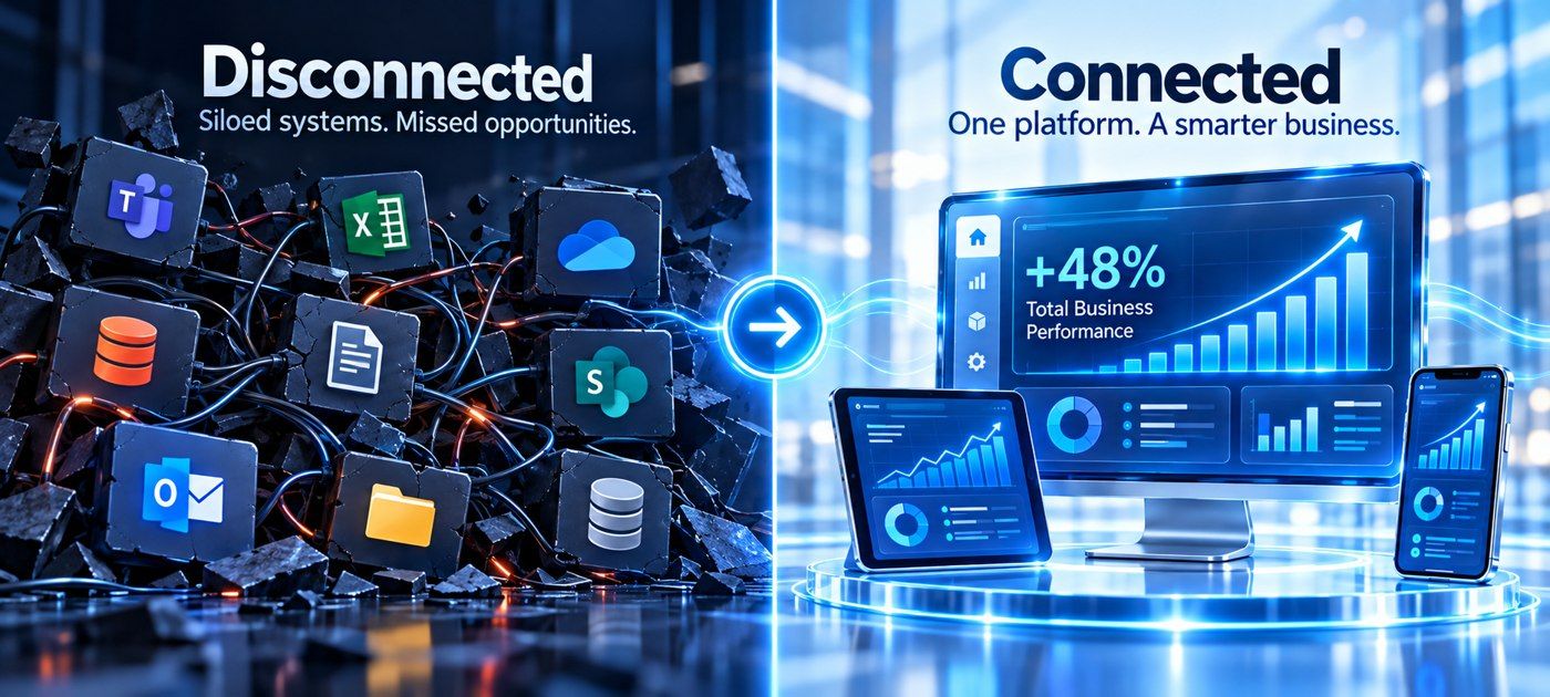 Disconnected siloed systems compared with one connected platform showing 48% growth