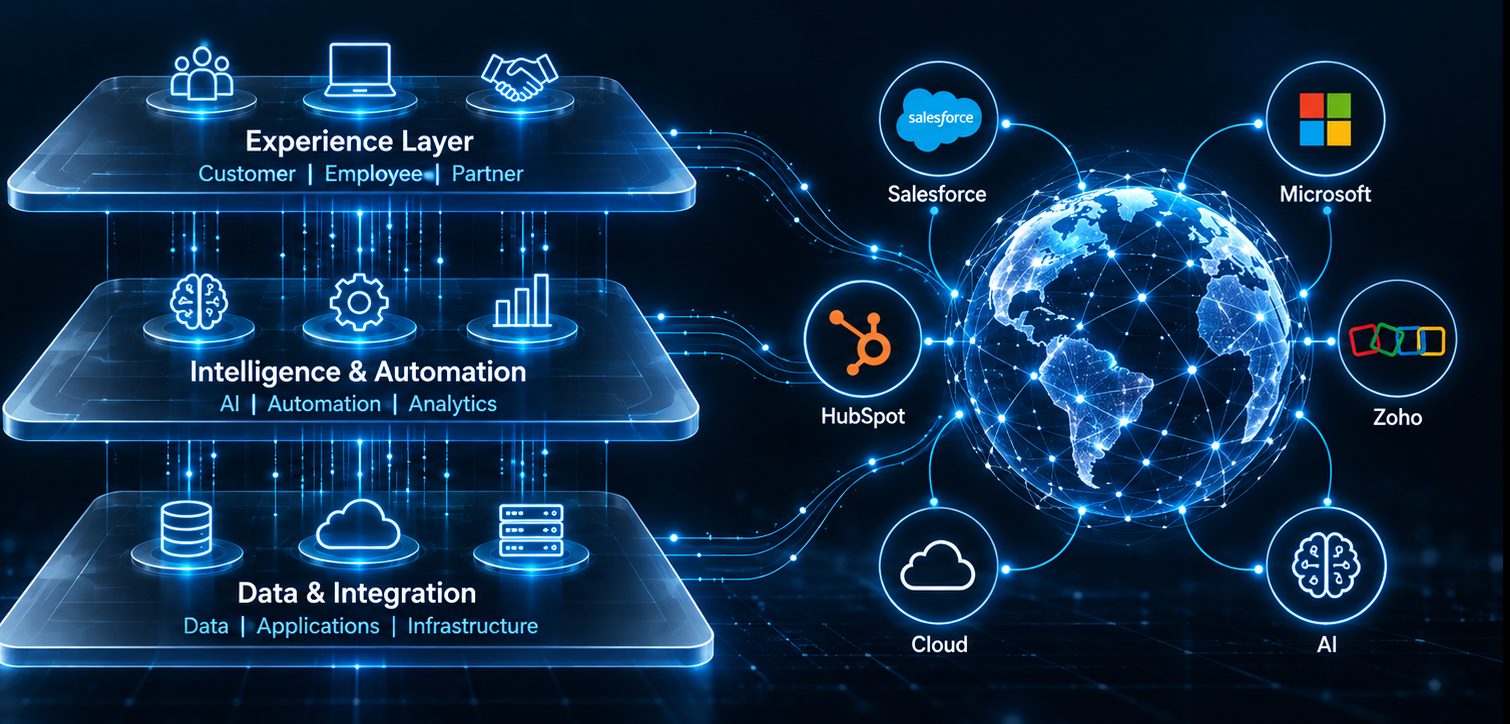 Experience, intelligence & automation and data & integration layers connected to Salesforce, Microsoft, HubSpot, Zoho, cloud and AI