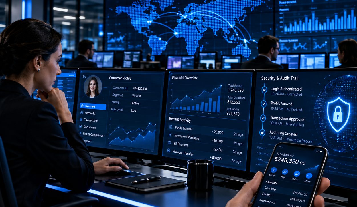 Financial analyst working with customer, risk and audit dashboards