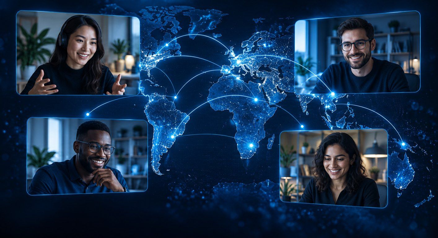 Distributed development team on video calls across the world