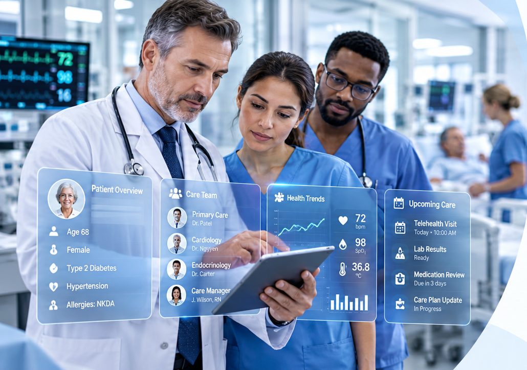 Doctors reviewing connected patient data on a tablet