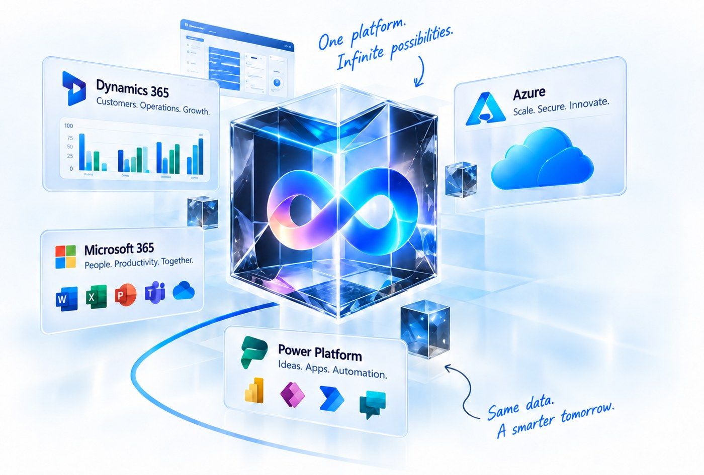 Dynamics 365, Azure, Microsoft 365 and Power Platform connected around one core