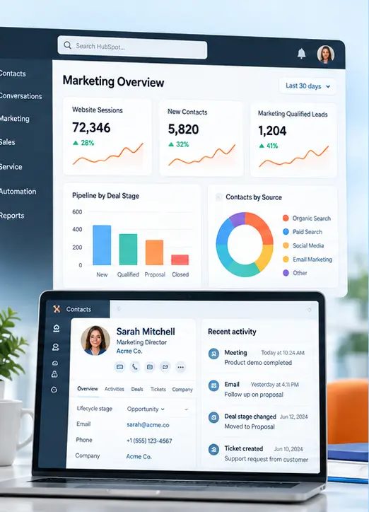 HubSpot marketing dashboard on a laptop