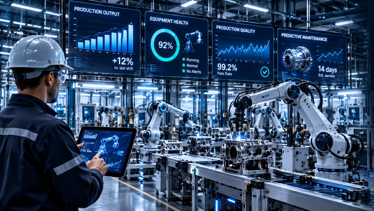 Engineer monitoring robots and production dashboards