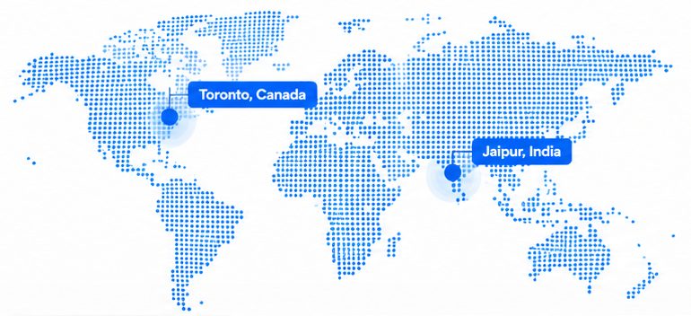 World map with offices in Toronto, Canada and Jaipur, India
