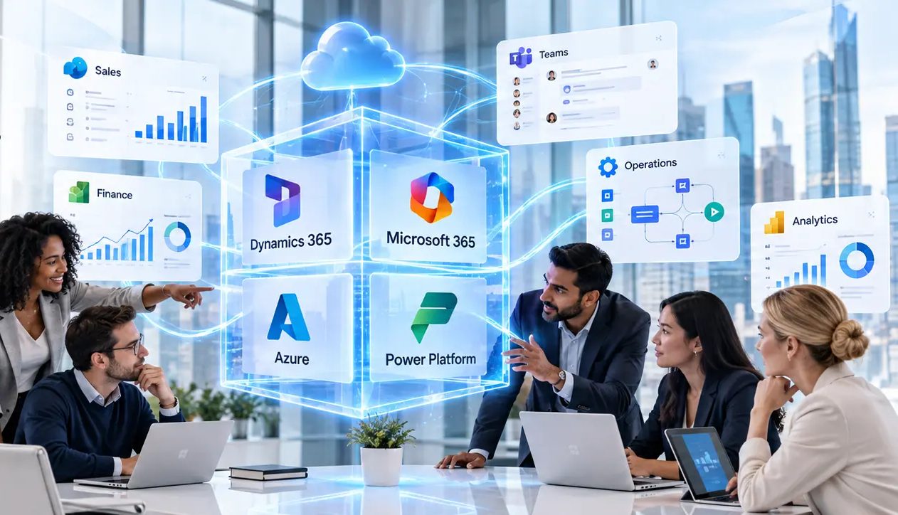 Team working with Dynamics 365, Microsoft 365, Azure and Power Platform
