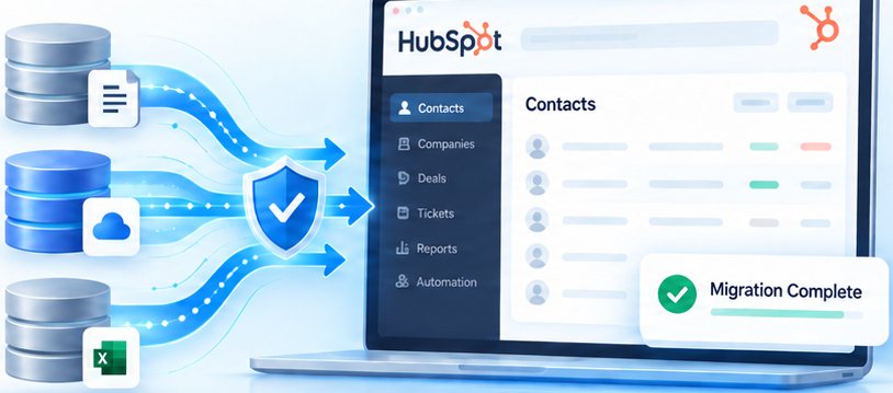 Data from databases, cloud and spreadsheets migrating securely into HubSpot