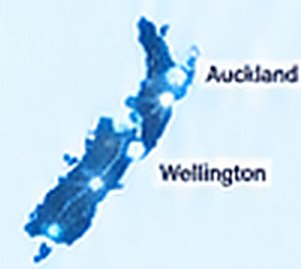 Map of New Zealand showing Auckland and Wellington