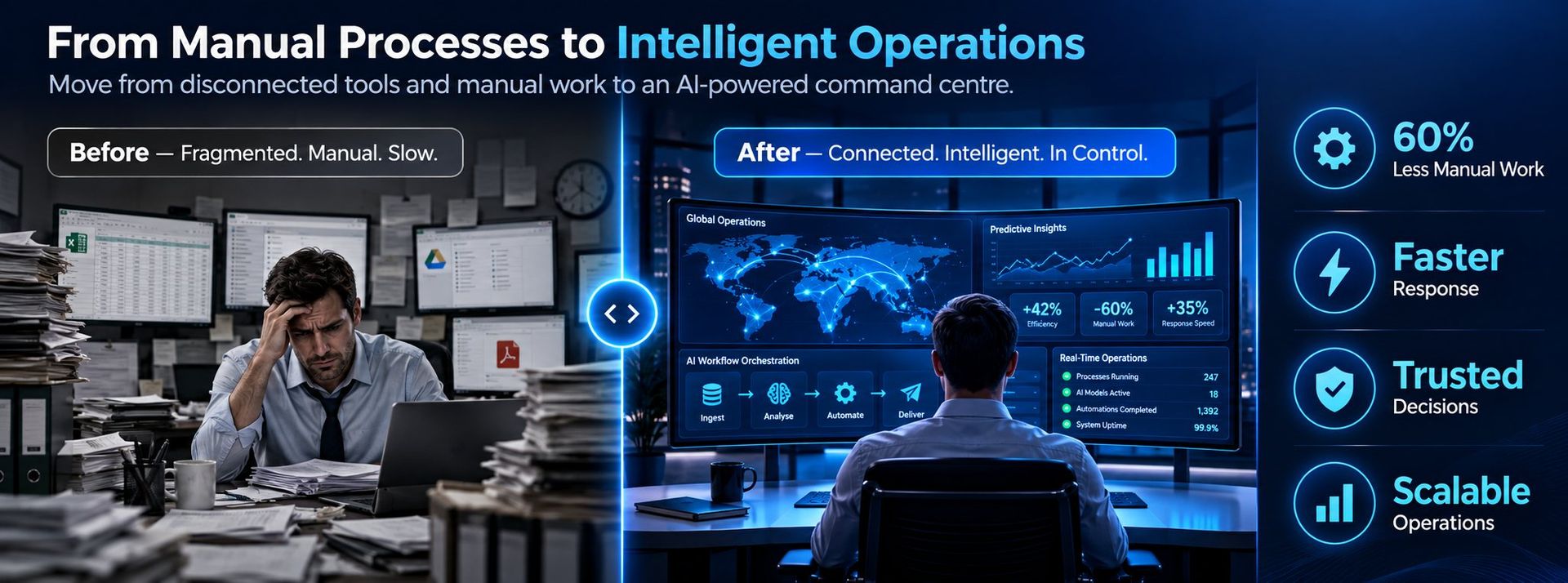 From manual processes to intelligent operations: before, fragmented and slow; after, connected, intelligent and in control. 60% less manual work, faster response, trusted decisions, scalable operations.