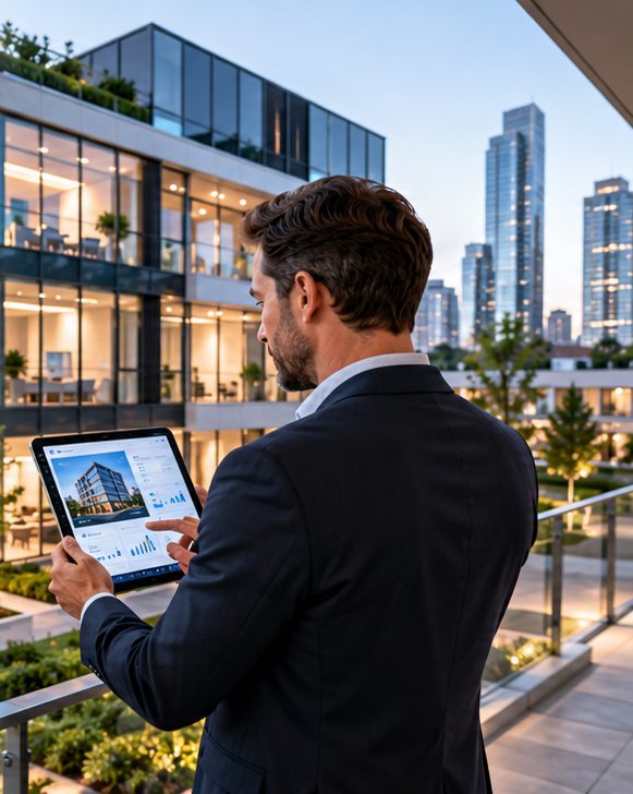 Property manager using a tablet outside a modern building