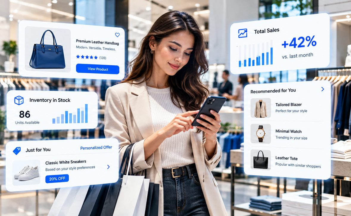 Shopper using a phone with personalized product and sales insights