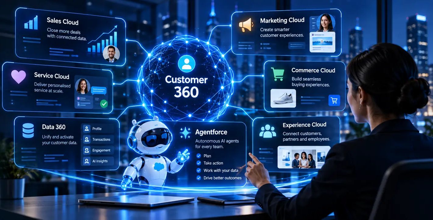 Customer 360 connecting Sales, Service, Marketing, Commerce and Experience Cloud with Agentforce and Data 360