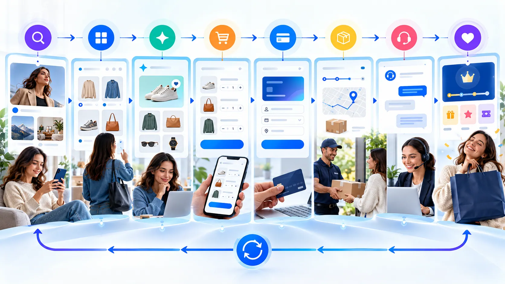 Shopper journey across discovery, cart, checkout, delivery, service and loyalty