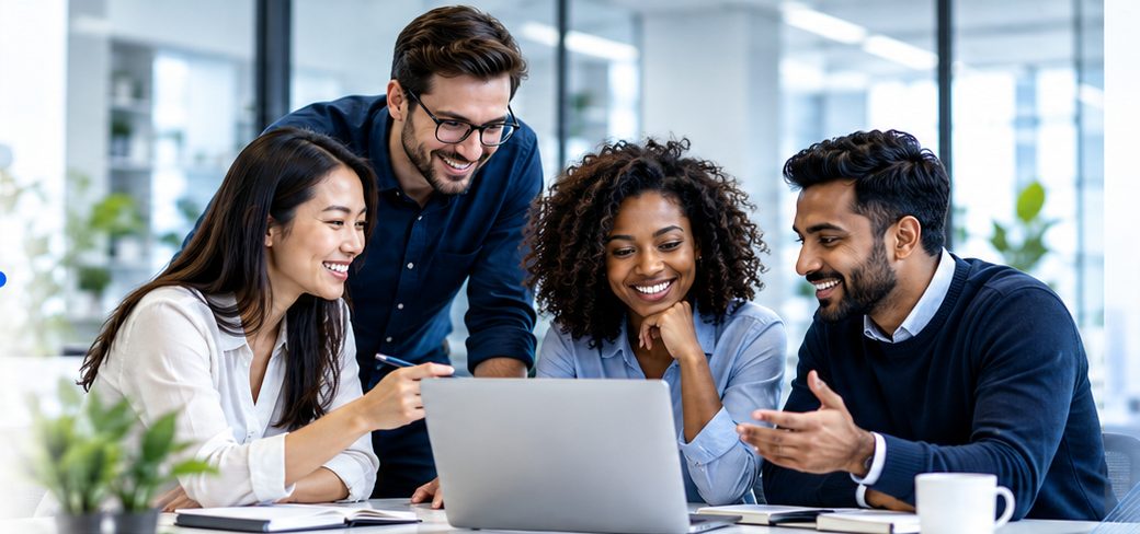 QuantTech team working together on a laptop