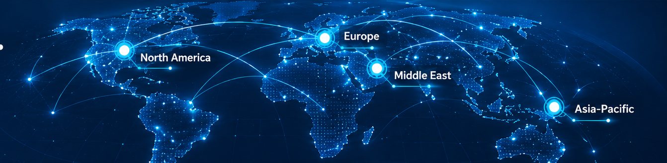 World map showing HubSpot delivery across North America, Europe, Middle East and Asia-Pacific