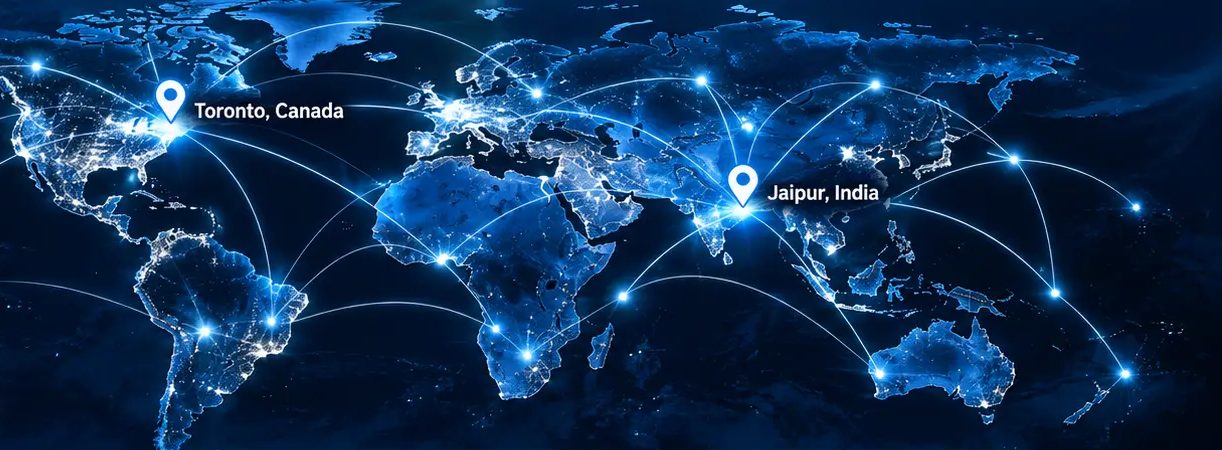 World map connecting Toronto, Canada and Jaipur, India