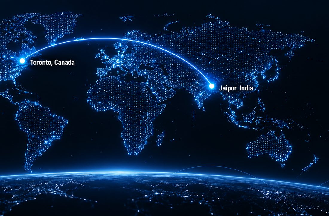 World map connecting Toronto, Canada and Jaipur, India