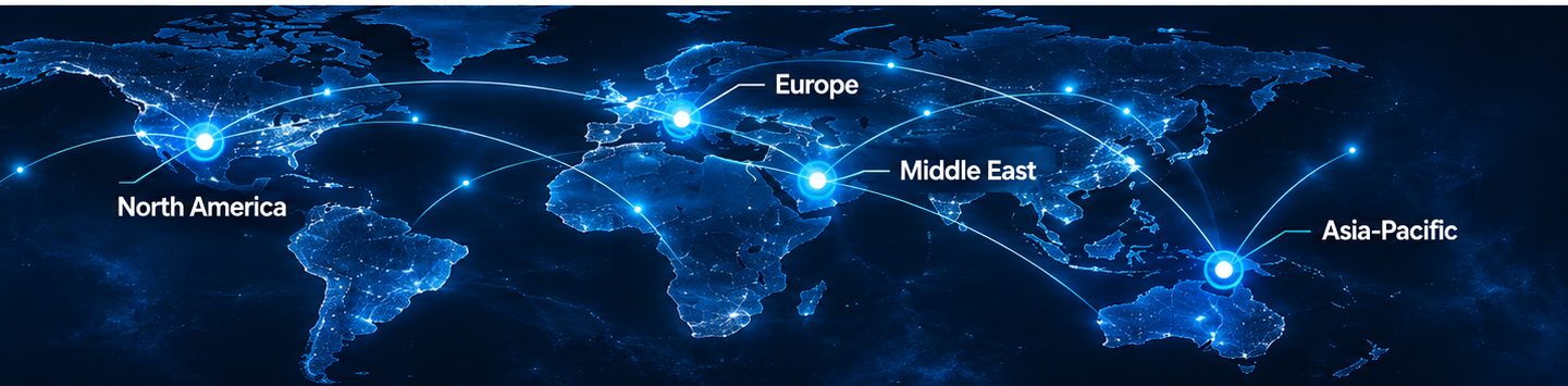 World map showing delivery across North America, Europe, Middle East and Asia-Pacific