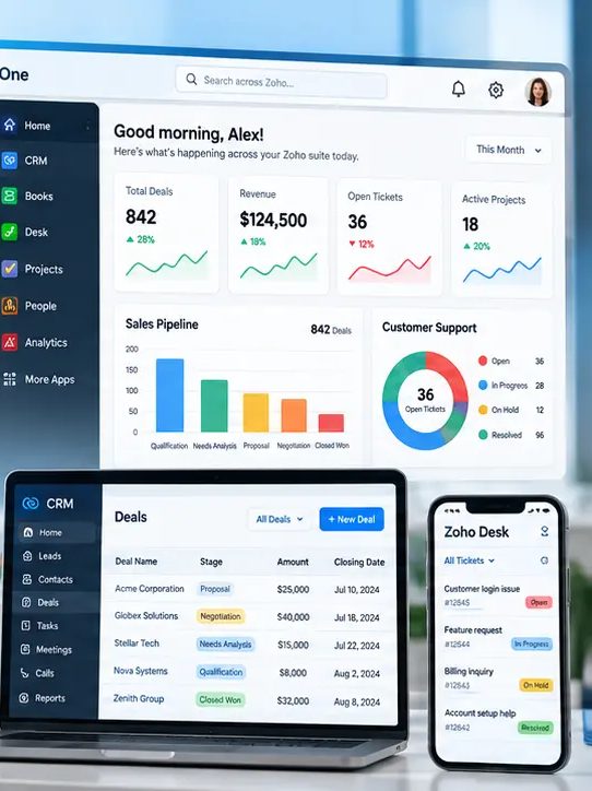 Zoho One dashboards on laptop and phone